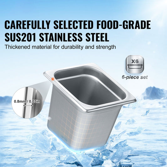6 Pack Hotel Pans, 1/6 Size Anti-Jam Steam Pan, 0.8mm Thick Stainless Steel Restaurant Steam Table Pan, 6-Inch Deep Commercial Table Pan, Catering Storage Food Pan, for Industrial & Scientific