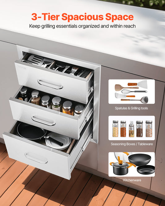 18x23 Inch Outdoor Kitchen Stainless Steel Triple Access BBQ Drawers with Chrome Handle, 18 x23 x 23 Inch