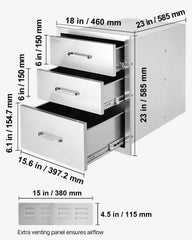 18x23 Inch Outdoor Kitchen Stainless Steel Triple Access BBQ Drawers with Chrome Handle, 18 x23 x 23 Inch