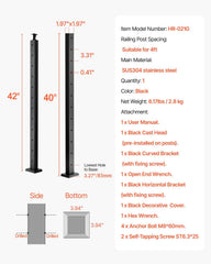 Cable Railing Post, 106.7x5x5cm Level Deck Stair Posts, 1-Pack Stainless Steel Cable Handrail Post, Pre-Drilled Pickets with Mounting Bracket Stair Railing Kit, Black, 1JZLGZXHS106AWJO6001V0