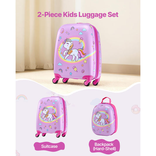 Kids Luggage Set, 2 Piece, 45.7 cm Hardside Rolling Wheels Suitcase with Hard-Shell Backpack, Unicorn Kids Carry on Luggage Set, Holiday Birthday Present for Girls & Boys, Airline Approved