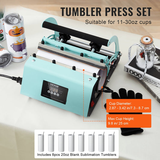 Tumbler Heat Press Machine and Sublimation Tumblers, Tumbler Press Set with 8pcs 20OZ Blank Tumblers, Mug Press Cup Press for 11-30oz Tumblers Mug, with Heat Transfer Paper, Gloves, Tape