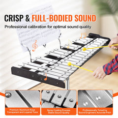 30 Note Glockenspiel Xylophone Bell Kit, Professional Percussion Instrument Set with Mallets, Drum Sticks, Music Stand, 8" Practice Pad, Adjustable Stand and Carrying Bag for Students & Adults