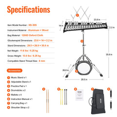30 Note Glockenspiel Xylophone Bell Kit, Professional Percussion Instrument Set with Mallets, Drum Sticks, Music Stand, 8" Practice Pad, Adjustable Stand and Carrying Bag for Students & Adults