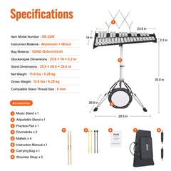 32 Note Glockenspiel Xylophone Bell Kit, Professional Percussion Instrument Set with Mallets, Drum Sticks, Music Stand, 8" Practice Pad, Adjustable Stand and Carrying Bag for Students & Adults