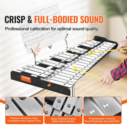 32 Note Glockenspiel Xylophone Bell Kit, Professional Percussion Instrument Set with Mallets, Drum Sticks, Music Stand, Adjustable Stand and Carrying Bag for Students & Adults