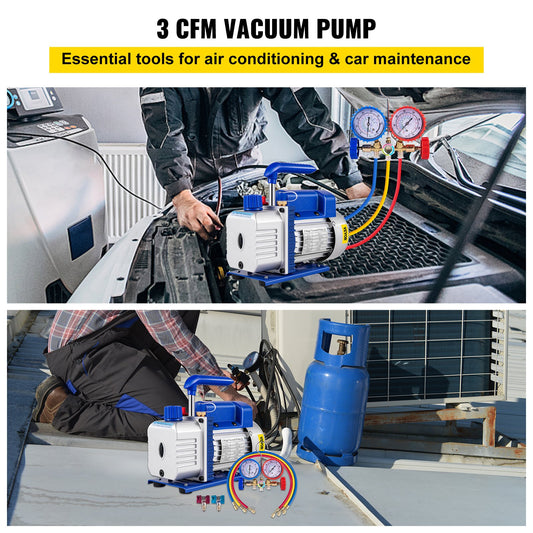 3CFM 84 L/M 1-Stage, Refrigerant Vacuum Pump Refrigeration Gauges A/C Air Conditioning 1440 RPM 1/4 HP, 3 pcs hoses 800 PSI Refrigeration Gauges