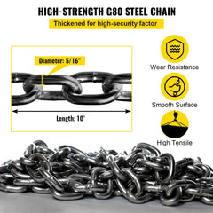 Chain Sling 5/16" X 10' Engine Lift Chain G80 Alloy Steel Engine Chain Hoist Lifts 3 Ton with 4 Leg Grab Hooks and Adjuster
