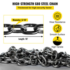 Chain Sling 5/16" X 10' Engine Lift Chain G80 Alloy Steel Engine Chain Hoist Lifts 3 Ton with 4 Leg Grab Hooks and Adjuster