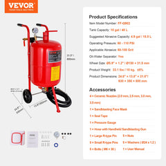 VEVOR 10Gal/40L Sandblaster Equipped w/Nozzle Shut-Off Valve Pressure Gauge Ceramic Nozzle Rubber Wheels Grit Power Sand Blasters Portable Sandblasting Equipment