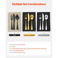 30-Piece Black Silverware Set, Food-Grade Stainless Steel Flatware Utensils for 6, Mirror Finished Cutlery Set, Dishwasher Safe Eating Tableware for Kitchen Home, Include Knife Fork Spoon