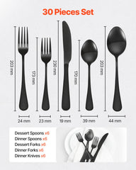 30-Piece Black Silverware Set, Food-Grade Stainless Steel Flatware Utensils for 6, Mirror Finished Cutlery Set, Dishwasher Safe Eating Tableware for Kitchen Home, Include Knife Fork Spoon