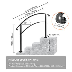 4-Step Handrail Fits 1 or 4 Steps Matte Black Stair Rail Wrought Iron Handrail with Installation Kit Hand Rails for Outdoor Steps
