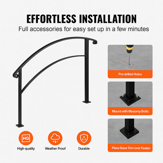 4-Step Handrail Fits 1 or 4 Steps Matte Black Stair Rail Wrought Iron Handrail with Installation Kit Hand Rails for Outdoor Steps