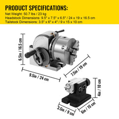 BS-0 Dividing Head 5 Inch, Precision Dividing Head Set with 5" 3-jaw Chuck & Tailstock Dividing Plates for Milling Machine