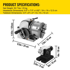 BS-0 Dividing Head 5 Inch, Precision Dividing Head Set with 5" 3-jaw Chuck & Tailstock Dividing Plates for Milling Machine