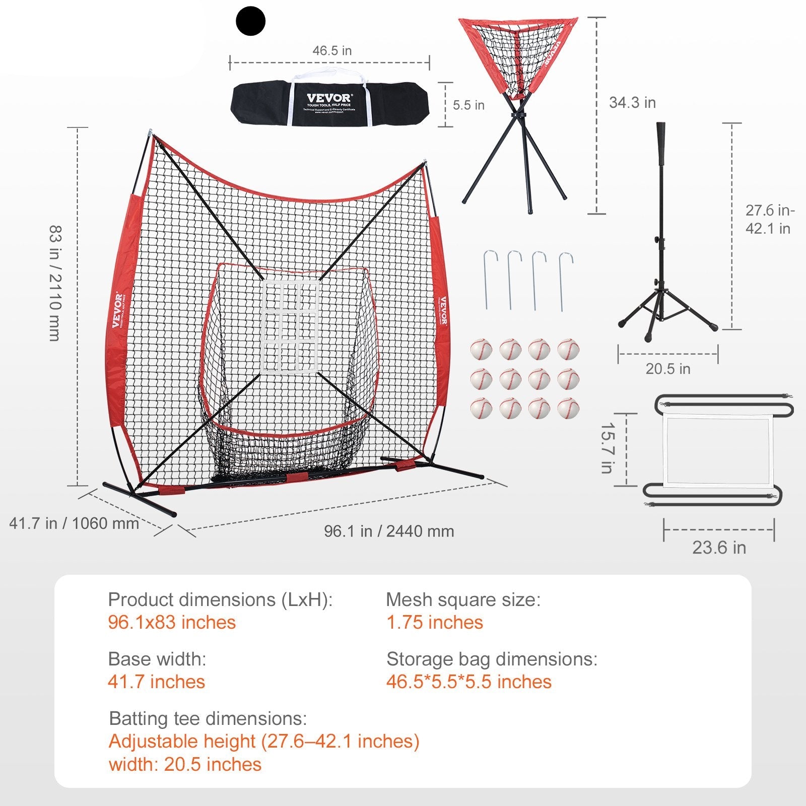 Vevor pitching machine with dimensions and features on a gray background