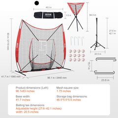 Vevor pitching machine with dimensions and features on a gray background