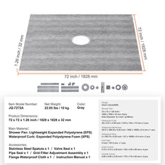 Shower Curb Kit, 1828x1828mm, 72"x72" Shower Pan Kit with 50.8mm ABS Central Flange, 101.6mm Stainless Steel Grate, Waterproof Shower Curb & Membrane & Strip, Shower Pan Slope Sticks Fit for Bathroom