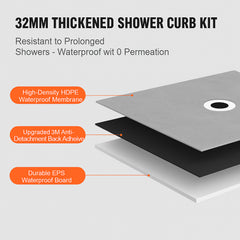 Shower Curb Kit, 1828x1828mm, 72"x72" Shower Pan Kit with 50.8mm ABS Central Flange, 101.6mm Stainless Steel Grate, Waterproof Shower Curb & Membrane & Strip, Shower Pan Slope Sticks Fit for Bathroom