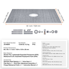 Shower Curb Kit, 1219x1524mm, 60"x48" Shower Pan Kit with 50.8mm ABS Central Flange, Waterproof Membrane, Stainless Steel Grate and Joint Sealant, Shower Pan Slope Sticks Fit for Bathroom