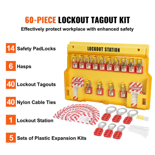Electrical Lockout Tagout Kit, 60 PCS Safety Lockout Tagout Station Includes Padlocks, Hasps, Tags, Nylon Ties, Expansion Kit, and Lockout Station Board, for Industrial, Electric Power