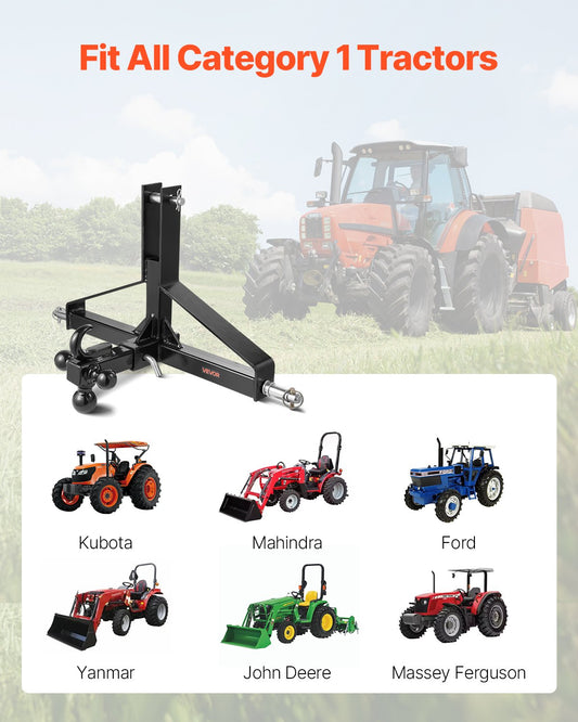 3 Point Trailer Hitch with 2 in Receiver, 3pt Quick Hitch Attachment, Heavy Duty Tractor Tow Drawbar Adapter, Compatible with Kubota, Mahindra, Ford, Yanmar, John Deere, Massey Ferguson