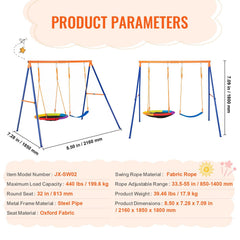 Swing Sets for Backyard, 440lbs Load Capacity Swing Set, with 1 Saucer Swing Seat, 1 Belt Swing Seat, Heavy Duty A-Frame Metal Swing Stand and Adjustable Rope, Swingset Outdoor for Kids
