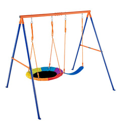 Swing Sets for Backyard, 440lbs Load Capacity Swing Set, with 1 Saucer Swing Seat, 1 Belt Swing Seat, Heavy Duty A-Frame Metal Swing Stand and Adjustable Rope, Swingset Outdoor for Kids