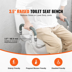 Raised Toilet Seat,88.9 mm Height Raised, 136 kg Weight Capacity, for Standard Round Toilet, Aluminum Handrail, with EVA Armrest Padding, for Elderly, Handicap, Patient, Pregnant, Medical