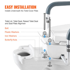 Raised Toilet Seat,88.9 mm Height Raised, 136 kg Weight Capacity, for Standard Round Toilet, Aluminum Handrail, with EVA Armrest Padding, for Elderly, Handicap, Patient, Pregnant, Medical