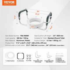 Raised Toilet Seat,88.9 mm Height Raised, 136 kg Weight Capacity, for Standard Round Toilet, Aluminum Handrail, with EVA Armrest Padding, for Elderly, Handicap, Patient, Pregnant, Medical