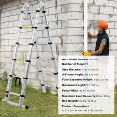 Telescoping Extension Ladder 12.5FT A-Shape w/ Stabilizer Bar for RV