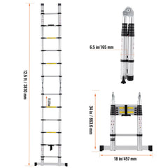 Telescoping Extension Ladder 12.5FT A-Shape w/ Stabilizer Bar for RV