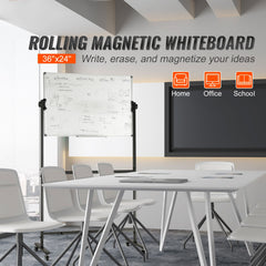 91.5x61cm Rolling Magnetic Whiteboard, Double-sided Mobile Whiteboard, Adjustable Height Dry Erase Board with Wheels, 1 Magnetic Erase & 3 Dry Erase Markers & Movable Tray Office, School
