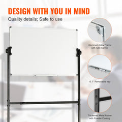 91.5x61cm Rolling Magnetic Whiteboard, Double-sided Mobile Whiteboard, Adjustable Height Dry Erase Board with Wheels, 1 Magnetic Erase & 3 Dry Erase Markers & Movable Tray Office, School