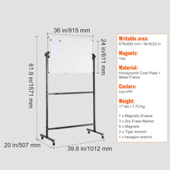 91.5x61cm Rolling Magnetic Whiteboard, Double-sided Mobile Whiteboard, Adjustable Height Dry Erase Board with Wheels, 1 Magnetic Erase & 3 Dry Erase Markers & Movable Tray Office, School