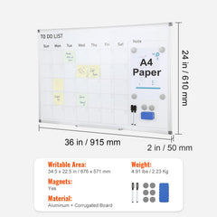 Magnetic Whiteboard Dry Erase Board 36" x 24" Wall Mounted for Office