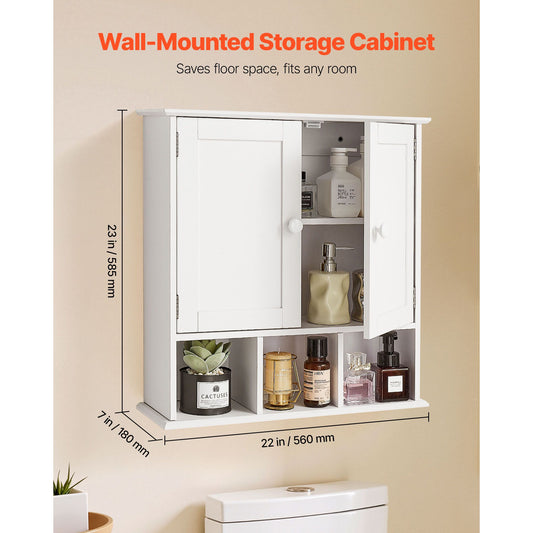 Bathroom Wall Cabinet, 2 Doors & Adjustable Shelf, Over the Toilet Storage Medicine Cabinet Wall Mounted, Hanging Organizer with Shelves & Open Partition for Laundry Room Kitchen Restroom, White