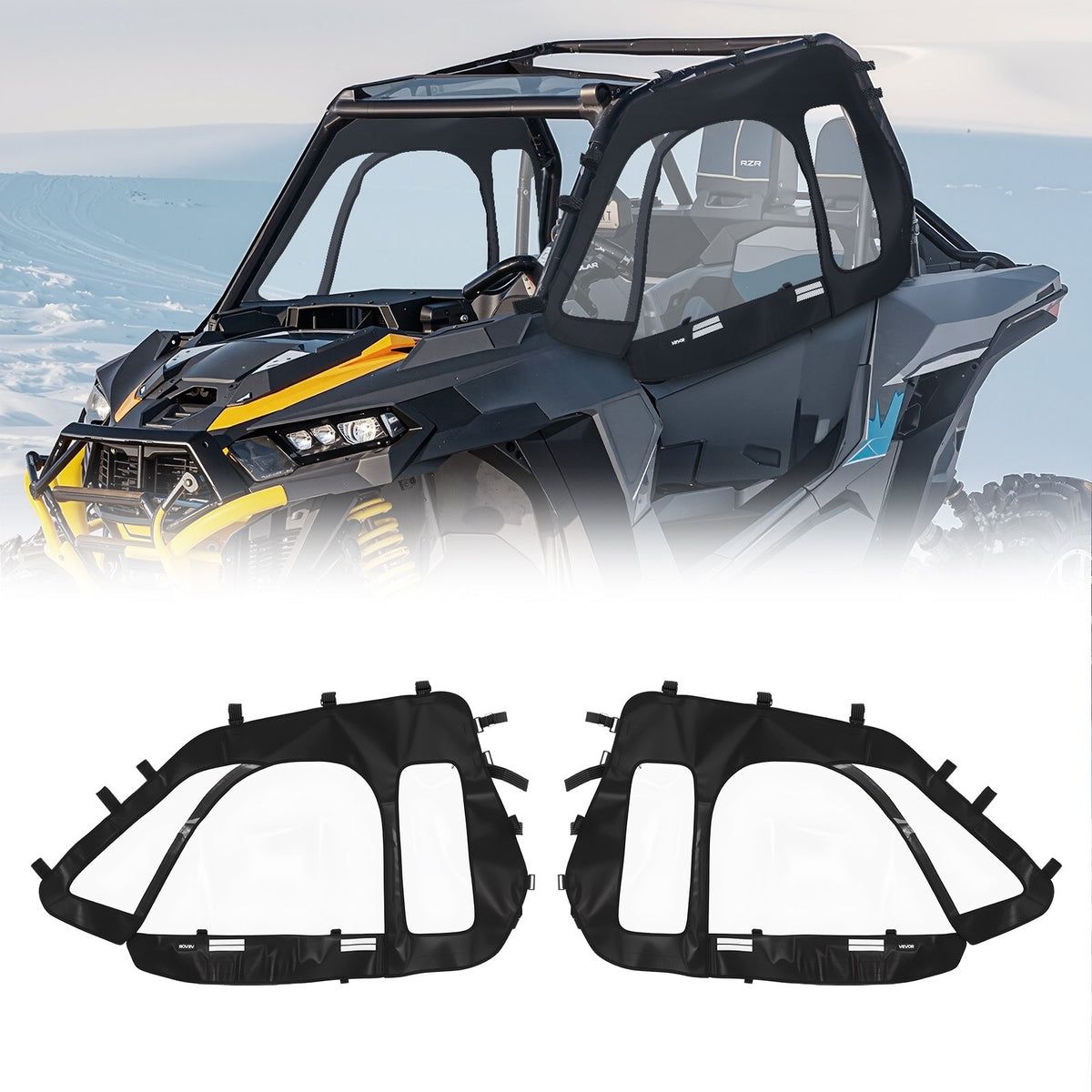 Cab Enclosure Upper Doors, Compatible with Polaris RZR XP 1000/XP Turbo 2014-2023, Soft Upper Doors, Windproof Upgraded Zipper UTV Soft Side Window Kit, Work with Side Mirrors and Windshields