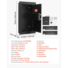 Wall Safe, 3-Tier Hidden Wall Mounted Safe with Password & Key, Q235 Cold-Rolled Steel In-Wall Box with LED Lighting, 2 Adjustable Shelves & 5 Key Holders for Money, Jewelry, Passport, Black