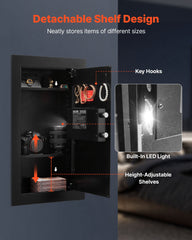 Wall Safe, 3-Tier Hidden Wall Mounted Safe with Password & Key, Q235 Cold-Rolled Steel In-Wall Box with LED Lighting, 2 Adjustable Shelves & 5 Key Holders for Money, Jewelry, Passport, Black