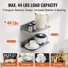 21.8 x 40.6 cm Stainless Steel Shelf, Wall Mounted Floating Shelving with Backsplash, 20 kg Load Capacity Commercial Shelves, Heavy Duty Storage Rack for Restaurant, Kitchen, Bar, Home, and Hotel