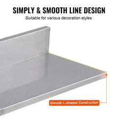 21.8 x 40.6 cm Stainless Steel Shelf, Wall Mounted Floating Shelving with Backsplash, 20 kg Load Capacity Commercial Shelves, Heavy Duty Storage Rack for Restaurant, Kitchen, Bar, Home, and Hotel