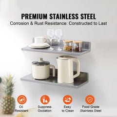 8.6" x 24" Stainless Steel Shelf, Wall Mounted Floating Shelving with Backsplash, 44 lbs Load Capacity Commercial Shelves, Heavy Duty Storage Rack for Restaurant, Kitchen, Bar, Home, and Hotel (2 Packs)
