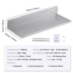 8.6" x 24" Stainless Steel Shelf, Wall Mounted Floating Shelving with Backsplash, 44 lbs Load Capacity Commercial Shelves, Heavy Duty Storage Rack for Restaurant, Kitchen, Bar, Home, and Hotel (2 Packs)