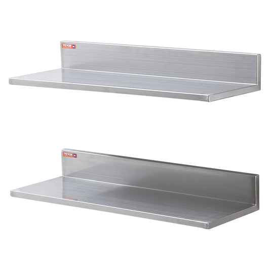 8.6" x 24" Stainless Steel Shelf, Wall Mounted Floating Shelving with Backsplash, 44 lbs Load Capacity Commercial Shelves, Heavy Duty Storage Rack for Restaurant, Kitchen, Bar, Home, and Hotel (2 Packs)