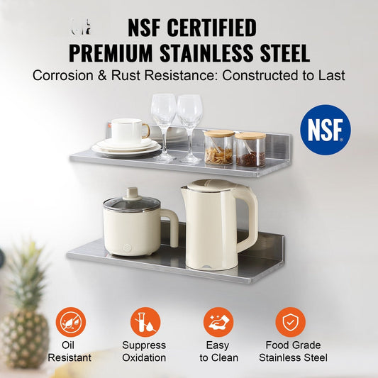 8.6" x 24" Stainless Steel Shelf, Wall Mounted Floating Shelving with Backsplash, 44 lbs Load Capacity Commercial Shelves, Heavy Duty Storage Rack for Restaurant, Kitchen, Bar, Home, and Hotel (2 Packs)