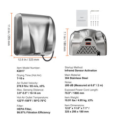 Heavy Duty Commercial Hand Dryer, 1800W Automatic High Speed Stainless Steel Warm Wind Hand Blower, 220V-240V Plug In/Hardwired Two Power Options, Compliant for Industry Business Restrooms