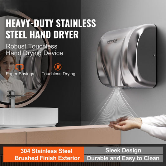 Heavy Duty Commercial Hand Dryer, 1800W Automatic High Speed Stainless Steel Warm Wind Hand Blower, 220V-240V Plug In/Hardwired Two Power Options, Compliant for Industry Business Restrooms